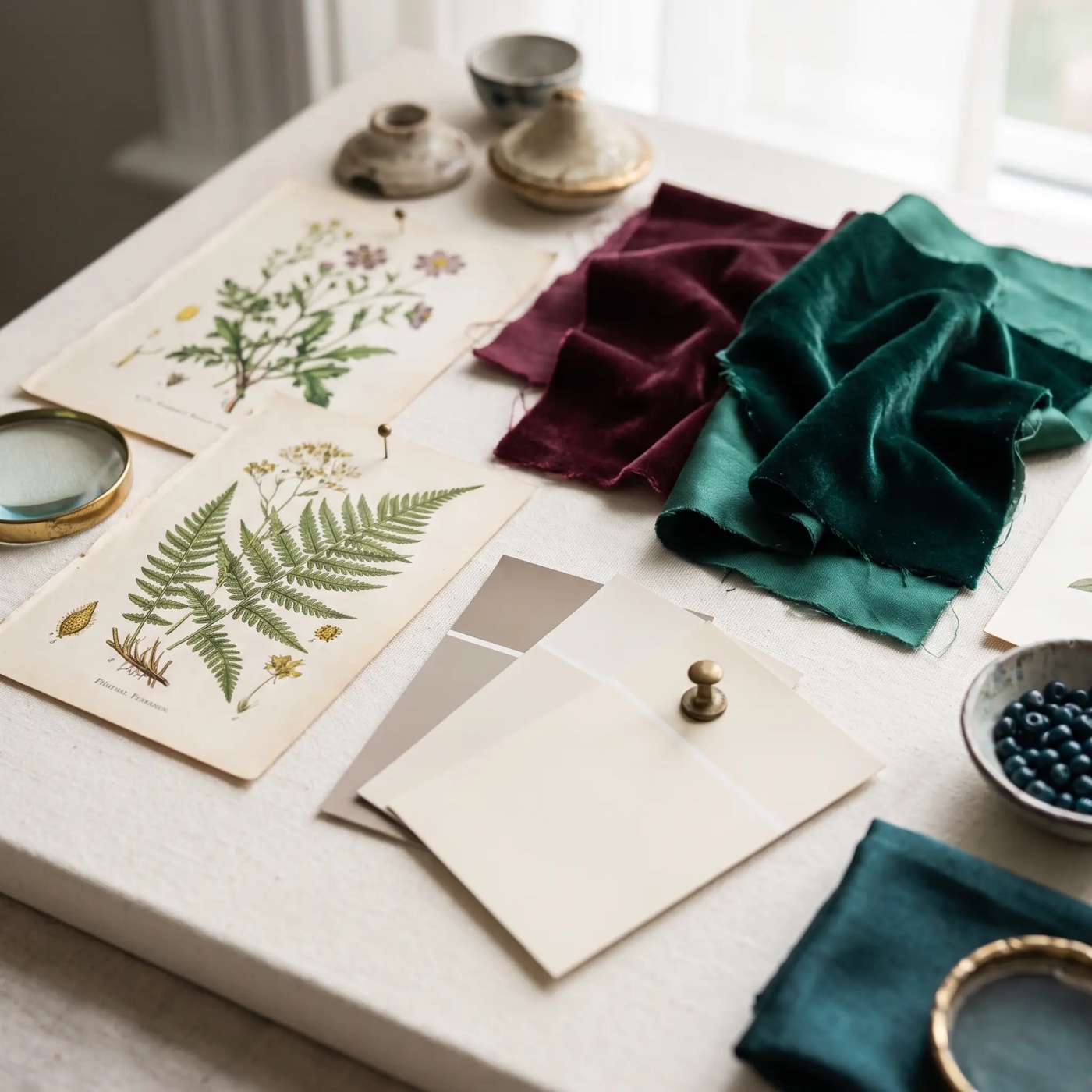 Botanical references, fabric swatches and a colour palette on a studio desk
