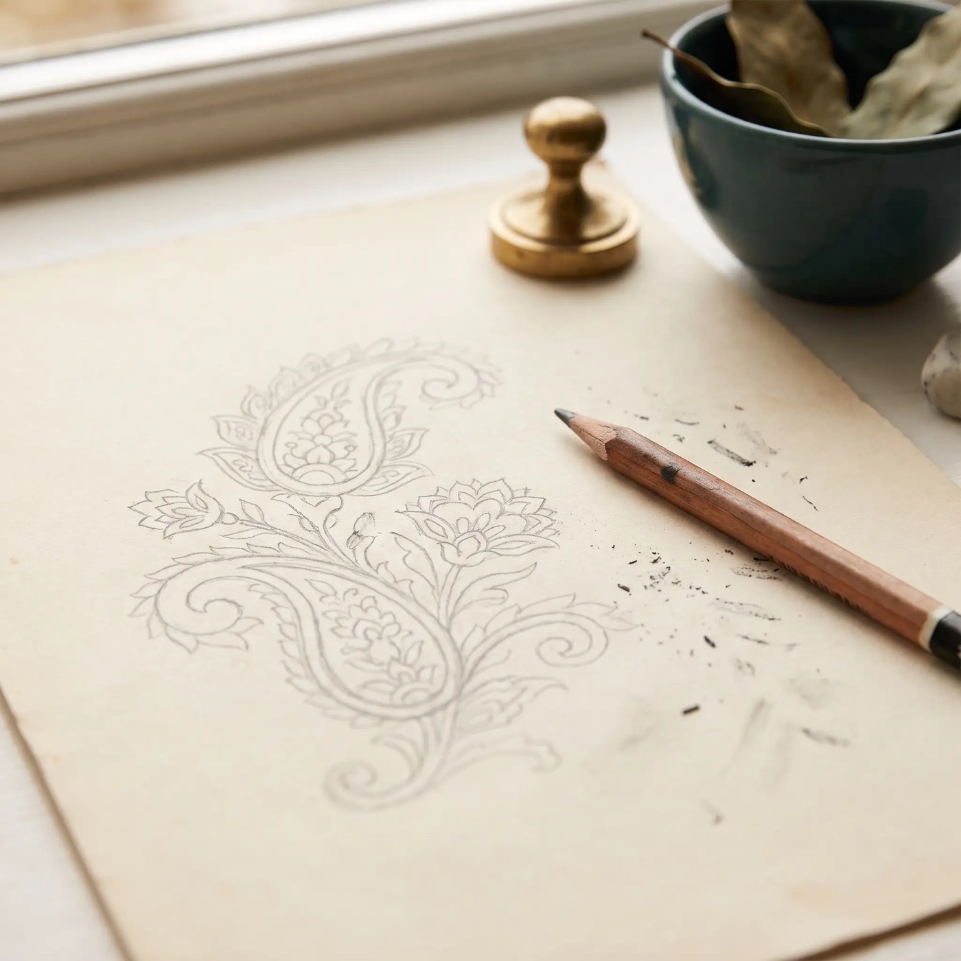 A paisley motif being drawn by hand in pencil