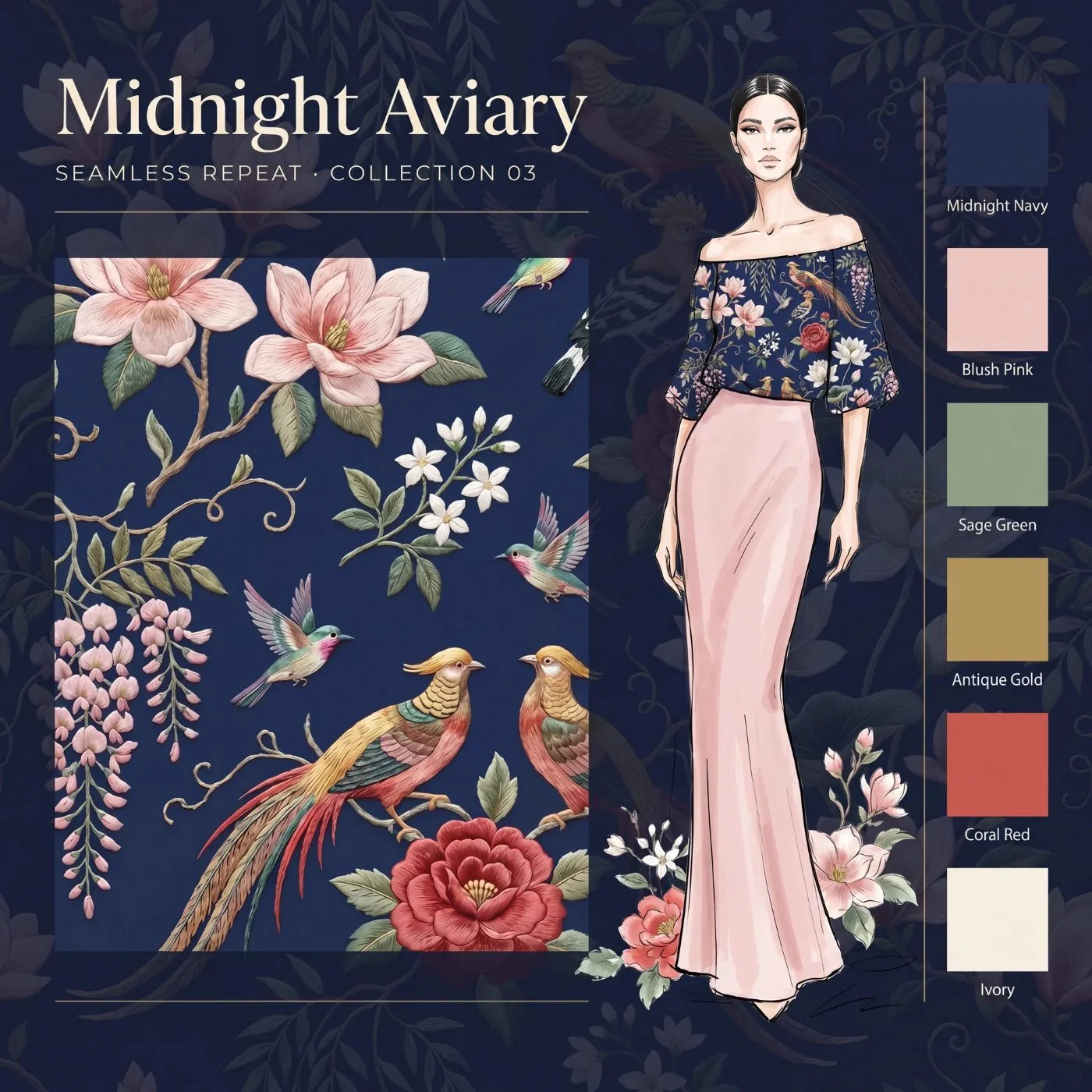 A navy repeat pattern of birds and flowers shown across coordinated fashion boards and garment mockups.