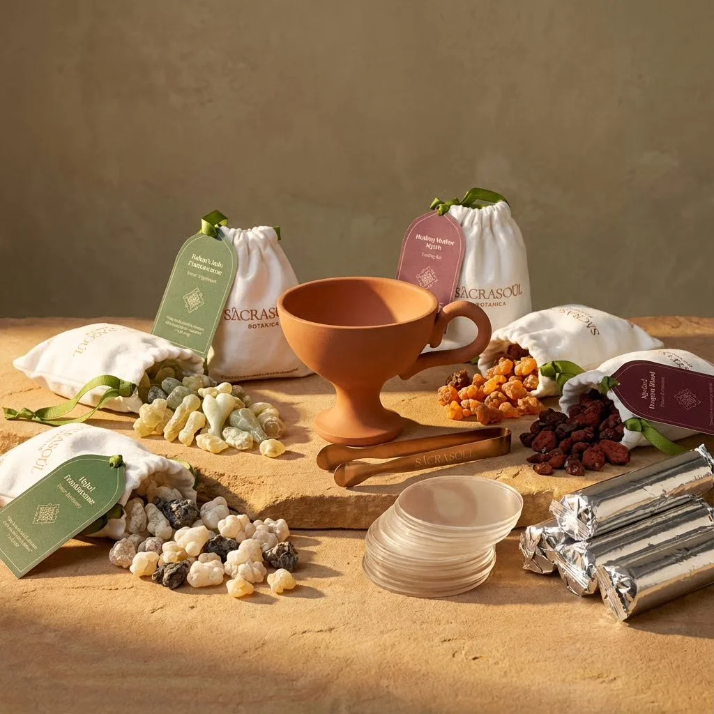A warm, candlelit product scene of incense and candles styled for a natural brand world.