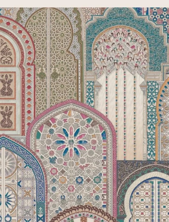 An ornate Moroccan archway rendered as a wallpaper mural in soft, faded jewel tones.