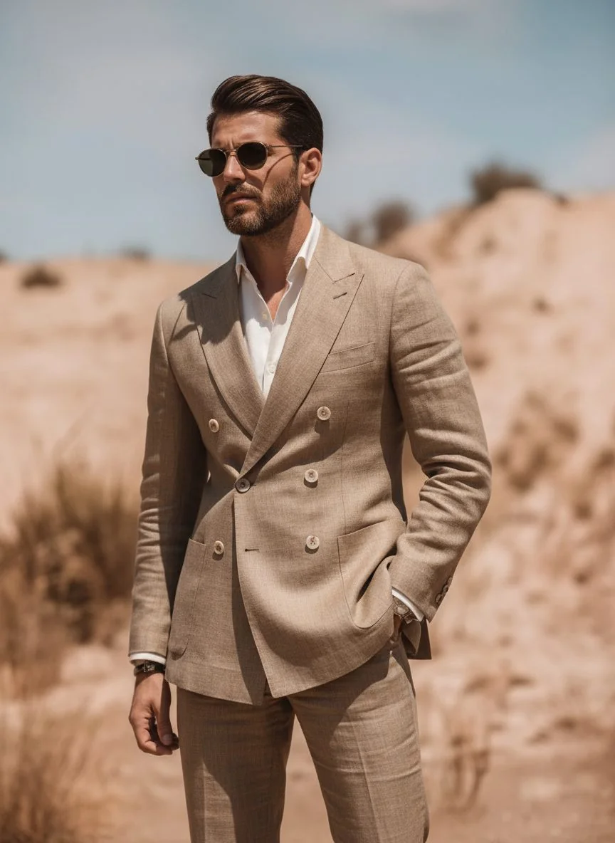 Editorial-style image of a model in a tailored suit, styled like a menswear campaign