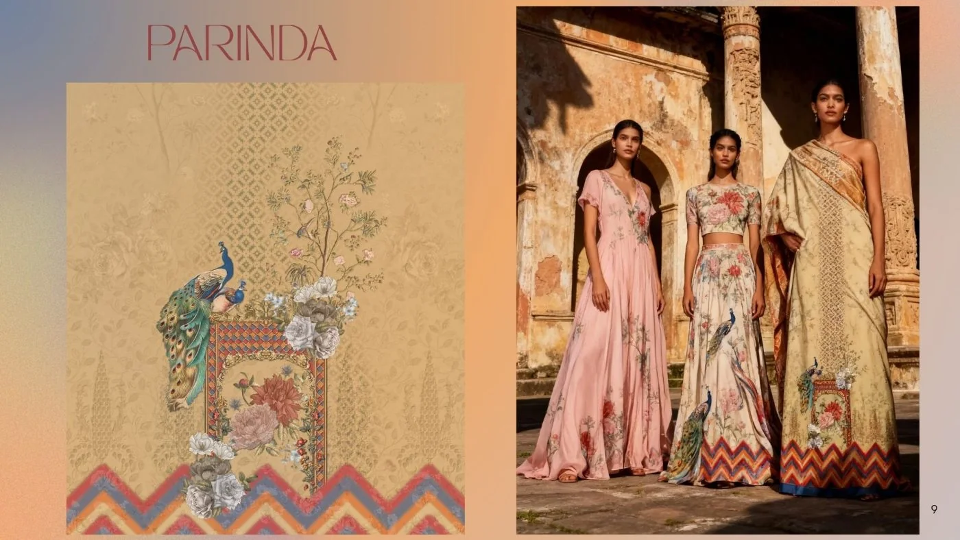 A best-selling textile print shown on a styled garment worn by a model.