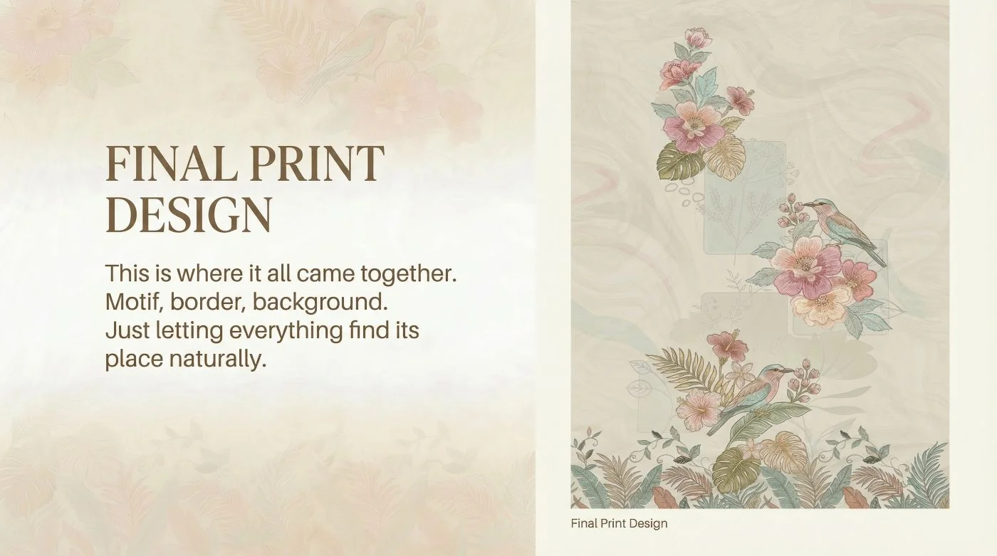 A soft cream and blush textile with birds and blossoms and an antique-gold border.