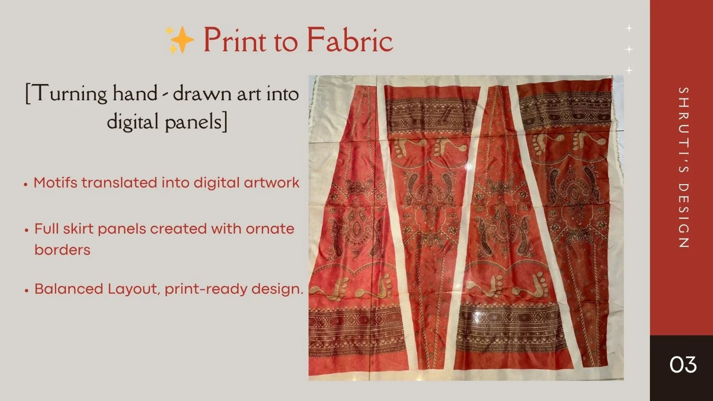 A deep red bridal skirt panel with ornate golden borders and a central floral medallion.